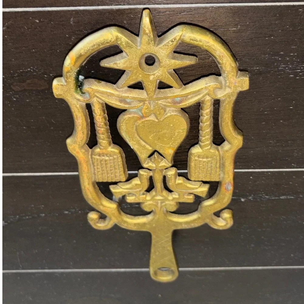 Vintage Brass Trivet | Hearth Stand | Pot Holder | Heart Birds‎ Sun Symbol